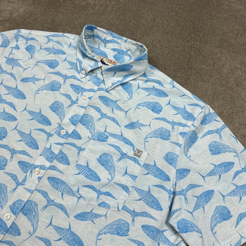 HUK Shirt Mens XL Button Down Short Sleeve AOP Fish Stretch Performance